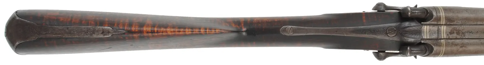 Antique Double Shotgun,
13 gauge, 30" Damascus barrels,
percussion, maple, iron trim, locks marked Mortimer Antique Double Shotgun,
13 gauge, 30" Damascus barrels,
percussion, maple, iron trim, locks marked Mortimer