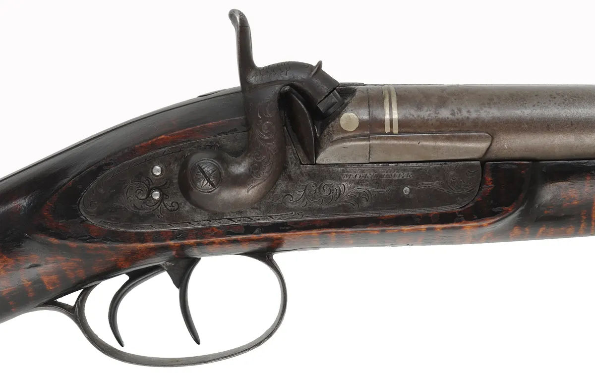 Antique Double Shotgun,
13 gauge, 30" Damascus barrels,
percussion, maple, iron trim, locks marked Mortimer Antique Double Shotgun,
13 gauge, 30" Damascus barrels,
percussion, maple, iron trim, locks marked Mortimer