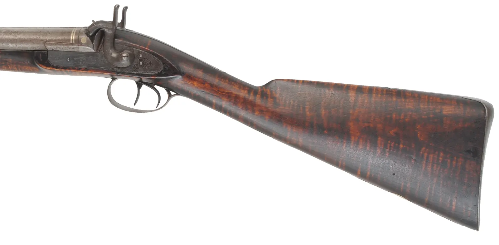 Antique Double Shotgun,
13 gauge, 30" Damascus barrels,
percussion, maple, iron trim, locks marked Mortimer Antique Double Shotgun,
13 gauge, 30" Damascus barrels,
percussion, maple, iron trim, locks marked Mortimer