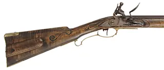 Germanic longrifle,
.45 caliber, 42" straight octagon barrel,
R.E. Davis flintlock, maple, brass trim, used