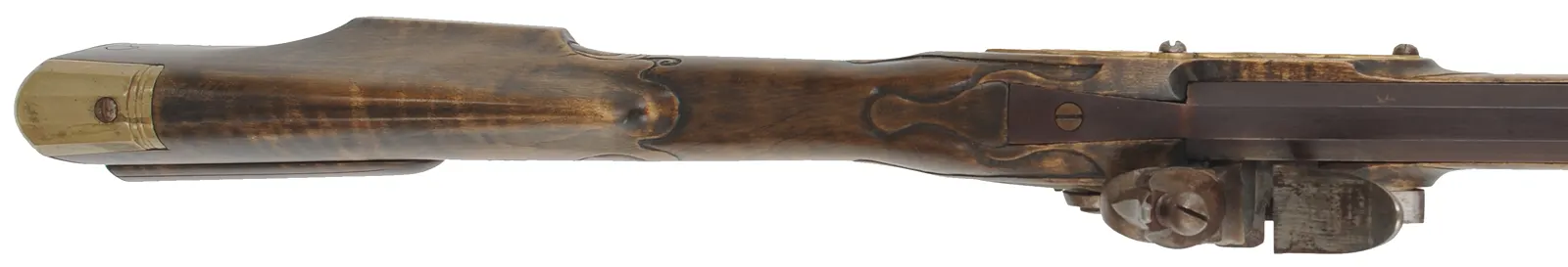 Germanic longrifle,
.45 caliber, 42" straight octagon barrel,
R.E. Davis flintlock, maple, brass trim, used Germanic longrifle,
.45 caliber, 42" straight octagon barrel,
R.E. Davis flintlock, maple, brass trim, used