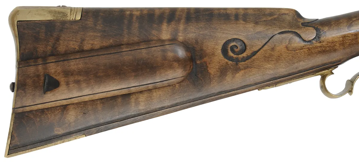 Germanic longrifle,
.45 caliber, 42" straight octagon barrel,
R.E. Davis flintlock, maple, brass trim, used Germanic longrifle,
.45 caliber, 42" straight octagon barrel,
R.E. Davis flintlock, maple, brass trim, used