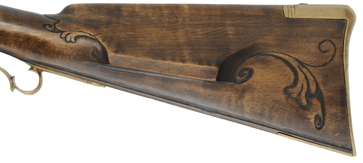 Germanic longrifle,
.45 caliber, 42" straight octagon barrel,
R.E. Davis flintlock, maple, brass trim, used Germanic longrifle,
.45 caliber, 42" straight octagon barrel,
R.E. Davis flintlock, maple, brass trim, used