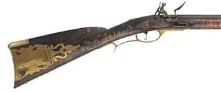 Pennsylvania Longrifle, 
.45 caliber, 44" G.R. Douglas straight octagon barrel,
large Siler flintlock, curly maple, brass,
used, signed R. Grieder