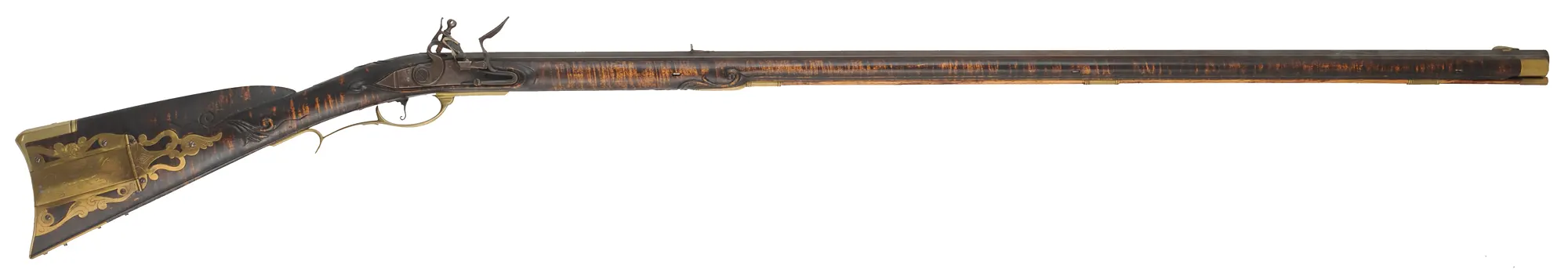 Pennsylvania Longrifle, 
.45 caliber, 44" G.R. Douglas straight octagon barrel,
large Siler flintlock, curly maple, brass,
used, signed R. Grieder