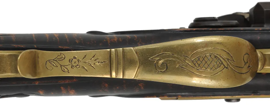Pennsylvania Longrifle, 
.45 caliber, 44" G.R. Douglas straight octagon barrel,
large Siler flintlock, curly maple, brass,
used, signed R. Grieder