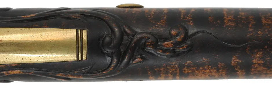 Pennsylvania Longrifle, 
.45 caliber, 44" G.R. Douglas straight octagon barrel,
large Siler flintlock, curly maple, brass,
used, signed R. Grieder