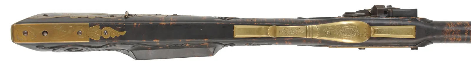Pennsylvania Longrifle, 
.45 caliber, 44" G.R. Douglas straight octagon barrel,
large Siler flintlock, curly maple, brass,
used, signed R. Grieder