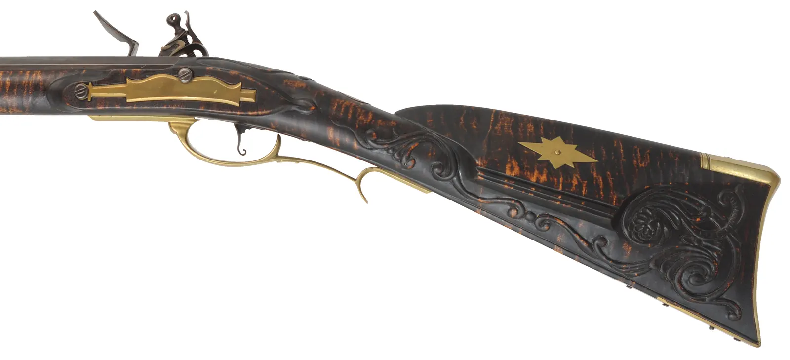Pennsylvania Longrifle, 
.45 caliber, 44" G.R. Douglas straight octagon barrel,
large Siler flintlock, curly maple, brass,
used, signed R. Grieder