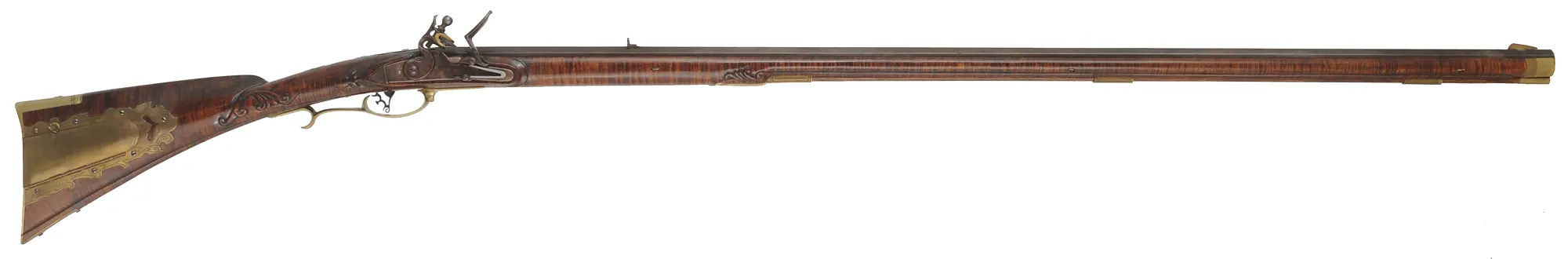 Bucks County Longrifle,
.45 caliber, 43-1/2" octagon barrel,
R. Gale flintlock, curly maple, brass with side opening patchbox,
used, signed R.E. Grieder Bucks County Longrifle,
.45 caliber, 43-1/2" octagon barrel,
R. Gale flintlock, curly maple, brass with side opening patchbox,
used, signed R.E. Grieder