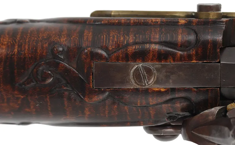 Bucks County Longrifle,
.45 caliber, 43-1/2" octagon barrel,
R. Gale flintlock, curly maple, brass with side opening patchbox,
used, signed R.E. Grieder Bucks County Longrifle,
.45 caliber, 43-1/2" octagon barrel,
R. Gale flintlock, curly maple, brass with side opening patchbox,
used, signed R.E. Grieder