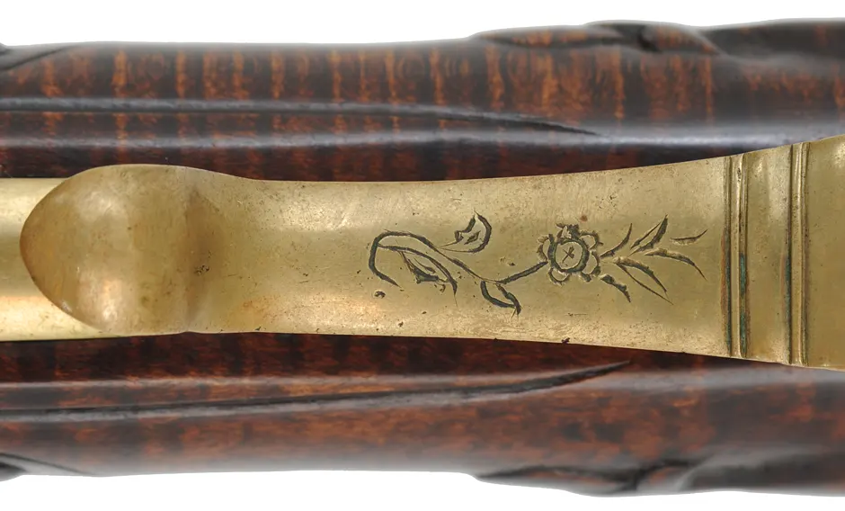 Bucks County Longrifle,
.45 caliber, 43-1/2" octagon barrel,
R. Gale flintlock, curly maple, brass with side opening patchbox,
used, signed R.E. Grieder Bucks County Longrifle,
.45 caliber, 43-1/2" octagon barrel,
R. Gale flintlock, curly maple, brass with side opening patchbox,
used, signed R.E. Grieder