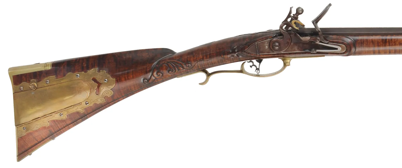 Bucks County Longrifle,
.45 caliber, 43-1/2" octagon barrel,
R. Gale flintlock, curly maple, brass with side opening patchbox,
used, signed R.E. Grieder Bucks County Longrifle,
.45 caliber, 43-1/2" octagon barrel,
R. Gale flintlock, curly maple, brass with side opening patchbox,
used, signed R.E. Grieder