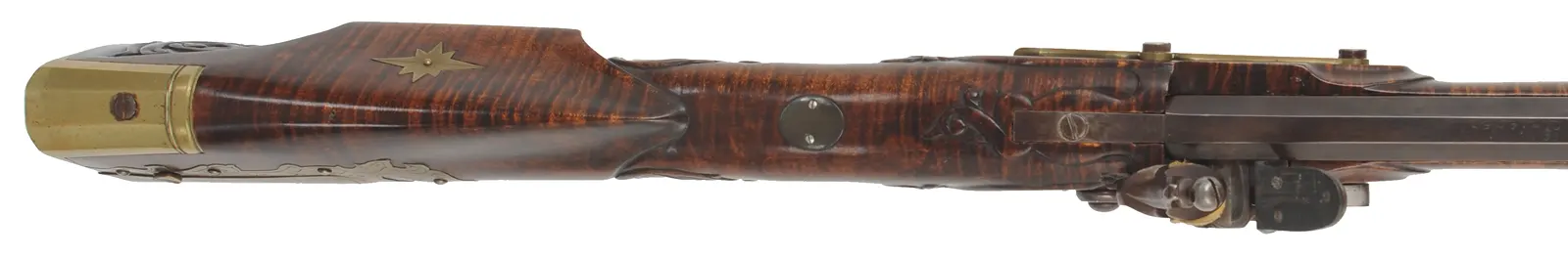 Bucks County Longrifle,
.45 caliber, 43-1/2" octagon barrel,
R. Gale flintlock, curly maple, brass with side opening patchbox,
used, signed R.E. Grieder Bucks County Longrifle,
.45 caliber, 43-1/2" octagon barrel,
R. Gale flintlock, curly maple, brass with side opening patchbox,
used, signed R.E. Grieder
