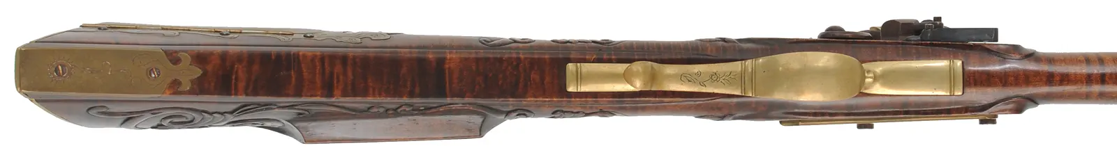 Bucks County Longrifle,
.45 caliber, 43-1/2" octagon barrel,
R. Gale flintlock, curly maple, brass with side opening patchbox,
used, signed R.E. Grieder Bucks County Longrifle,
.45 caliber, 43-1/2" octagon barrel,
R. Gale flintlock, curly maple, brass with side opening patchbox,
used, signed R.E. Grieder