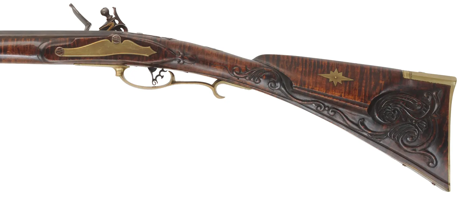 Bucks County Longrifle,
.45 caliber, 43-1/2" octagon barrel,
R. Gale flintlock, curly maple, brass with side opening patchbox,
used, signed R.E. Grieder Bucks County Longrifle,
.45 caliber, 43-1/2" octagon barrel,
R. Gale flintlock, curly maple, brass with side opening patchbox,
used, signed R.E. Grieder