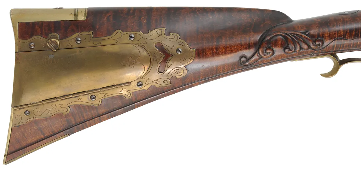 Bucks County Longrifle,
.45 caliber, 43-1/2" octagon barrel,
R. Gale flintlock, curly maple, brass with side opening patchbox,
used, signed R.E. Grieder Bucks County Longrifle,
.45 caliber, 43-1/2" octagon barrel,
R. Gale flintlock, curly maple, brass with side opening patchbox,
used, signed R.E. Grieder