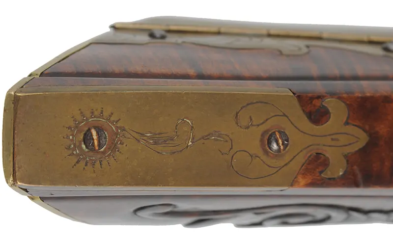 Bucks County Longrifle,
.45 caliber, 43-1/2" octagon barrel,
R. Gale flintlock, curly maple, brass with side opening patchbox,
used, signed R.E. Grieder Bucks County Longrifle,
.45 caliber, 43-1/2" octagon barrel,
R. Gale flintlock, curly maple, brass with side opening patchbox,
used, signed R.E. Grieder