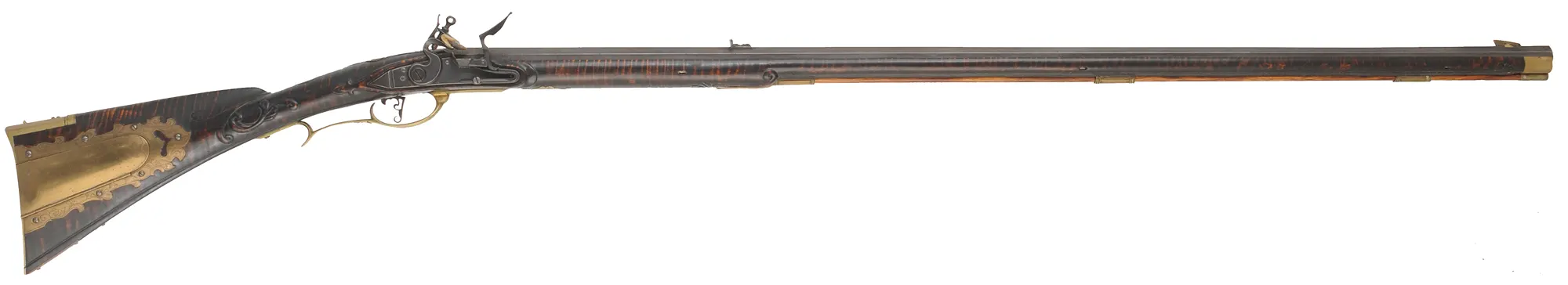 Bucks County Longrifle,
.45 caliber, 42" G.R. Douglas XX swamped octagon barrel,
Siler flintlock, curly maple, brass with side opening patchbox,
used, signed R.E. Grieder Bucks County Longrifle,
.45 caliber, 42" G.R. Douglas XX swamped octagon barrel,
Siler flintlock, curly maple, brass with side opening patchbox,
used, signed R.E. Grieder