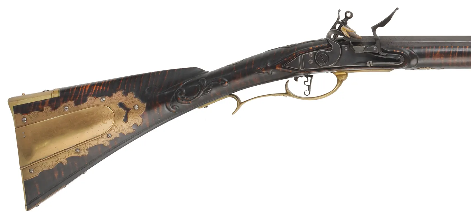 Bucks County Longrifle,
.45 caliber, 42" G.R. Douglas XX swamped octagon barrel,
Siler flintlock, curly maple, brass with side opening patchbox,
used, signed R.E. Grieder Bucks County Longrifle,
.45 caliber, 42" G.R. Douglas XX swamped octagon barrel,
Siler flintlock, curly maple, brass with side opening patchbox,
used, signed R.E. Grieder