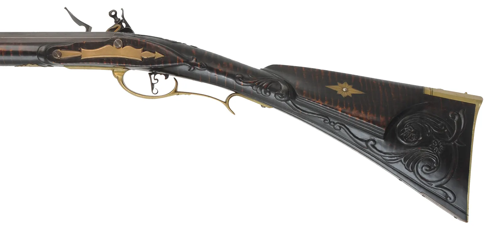 Bucks County Longrifle,
.45 caliber, 42" G.R. Douglas XX swamped octagon barrel,
Siler flintlock, curly maple, brass with side opening patchbox,
used, signed R.E. Grieder Bucks County Longrifle,
.45 caliber, 42" G.R. Douglas XX swamped octagon barrel,
Siler flintlock, curly maple, brass with side opening patchbox,
used, signed R.E. Grieder