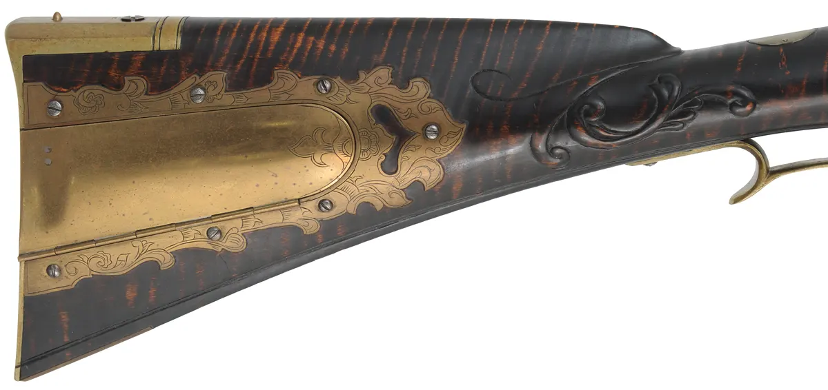 Bucks County Longrifle,
.45 caliber, 42" G.R. Douglas XX swamped octagon barrel,
Siler flintlock, curly maple, brass with side opening patchbox,
used, signed R.E. Grieder Bucks County Longrifle,
.45 caliber, 42" G.R. Douglas XX swamped octagon barrel,
Siler flintlock, curly maple, brass with side opening patchbox,
used, signed R.E. Grieder