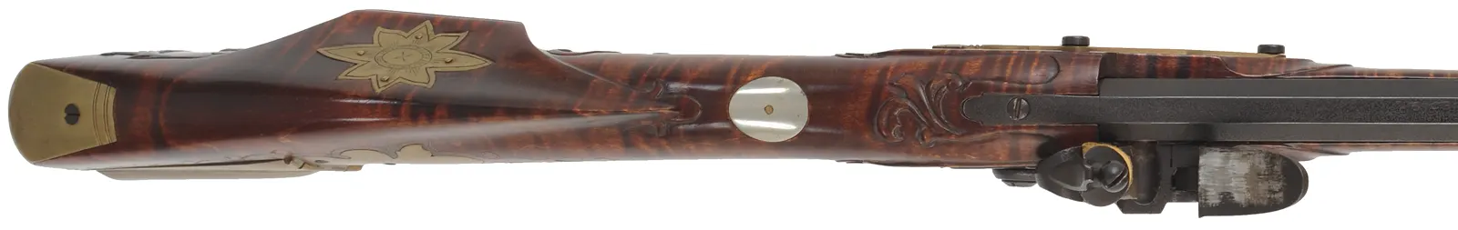 Herman Rupp,
Allentown – Bethlehem longrifle,
.45 caliber, 42” barrel, 
maple, brass trim & wire inlay,
used, by R.E. Grieder