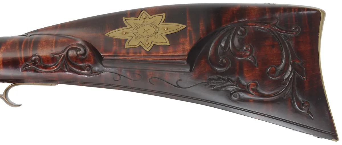 Herman Rupp,
Allentown – Bethlehem longrifle,
.45 caliber, 42” barrel, 
maple, brass trim & wire inlay,
used, by R.E. Grieder