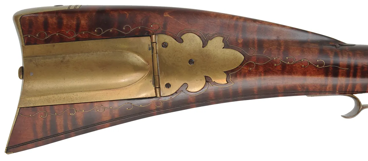 Herman Rupp,
Allentown – Bethlehem longrifle,
.45 caliber, 42” barrel, 
maple, brass trim & wire inlay,
used, by R.E. Grieder