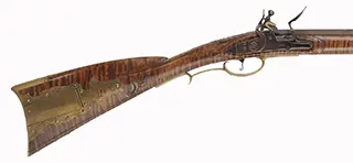 Berks County, Pennsylvania Longrifle, 
.45 caliber, 42" straight octagon barrel,
large Siler flintlock, curly maple, brass,
used, signed R. Grieder