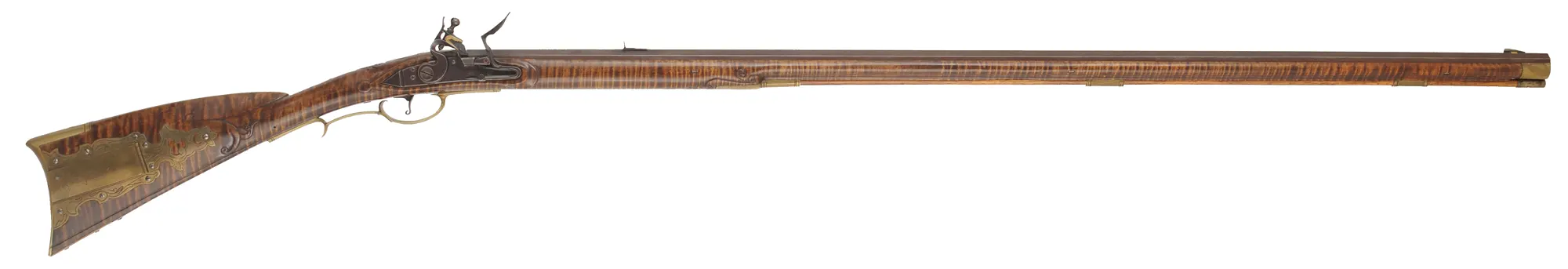 Berks County, Pennsylvania Longrifle,
.45 caliber, 42" straight octagon barrel,
large Siler flintlock, curly maple, brass,
used, signed R. Grieder Berks County, Pennsylvania Longrifle,
.45 caliber, 42" straight octagon barrel,
large Siler flintlock, curly maple, brass,
used, signed R. Grieder