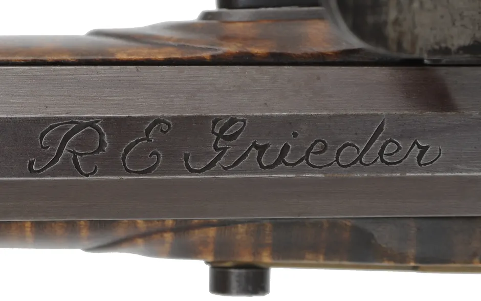 Berks County, Pennsylvania Longrifle,
.45 caliber, 42" straight octagon barrel,
large Siler flintlock, curly maple, brass,
used, signed R. Grieder Berks County, Pennsylvania Longrifle,
.45 caliber, 42" straight octagon barrel,
large Siler flintlock, curly maple, brass,
used, signed R. Grieder