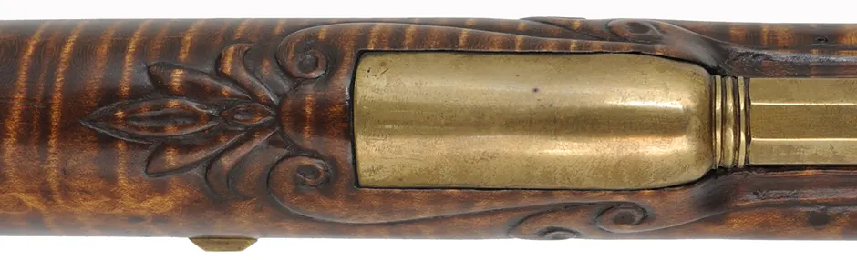 Berks County, Pennsylvania Longrifle,
.45 caliber, 42" straight octagon barrel,
large Siler flintlock, curly maple, brass,
used, signed R. Grieder Berks County, Pennsylvania Longrifle,
.45 caliber, 42" straight octagon barrel,
large Siler flintlock, curly maple, brass,
used, signed R. Grieder