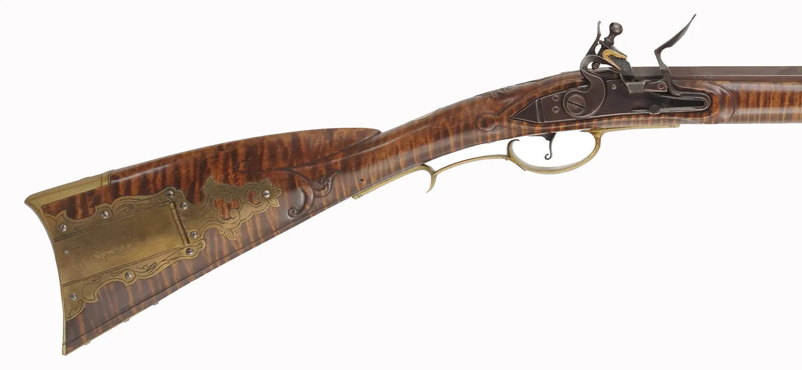 Berks County, Pennsylvania Longrifle,
.45 caliber, 42" straight octagon barrel,
large Siler flintlock, curly maple, brass,
used, signed R. Grieder Berks County, Pennsylvania Longrifle,
.45 caliber, 42" straight octagon barrel,
large Siler flintlock, curly maple, brass,
used, signed R. Grieder