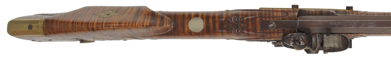 Berks County, Pennsylvania Longrifle,
.45 caliber, 42" straight octagon barrel,
large Siler flintlock, curly maple, brass,
used, signed R. Grieder Berks County, Pennsylvania Longrifle,
.45 caliber, 42" straight octagon barrel,
large Siler flintlock, curly maple, brass,
used, signed R. Grieder