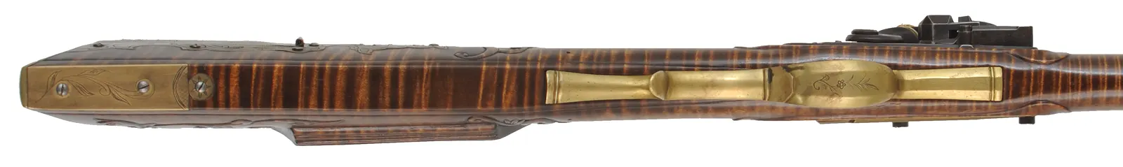 Berks County, Pennsylvania Longrifle,
.45 caliber, 42" straight octagon barrel,
large Siler flintlock, curly maple, brass,
used, signed R. Grieder Berks County, Pennsylvania Longrifle,
.45 caliber, 42" straight octagon barrel,
large Siler flintlock, curly maple, brass,
used, signed R. Grieder