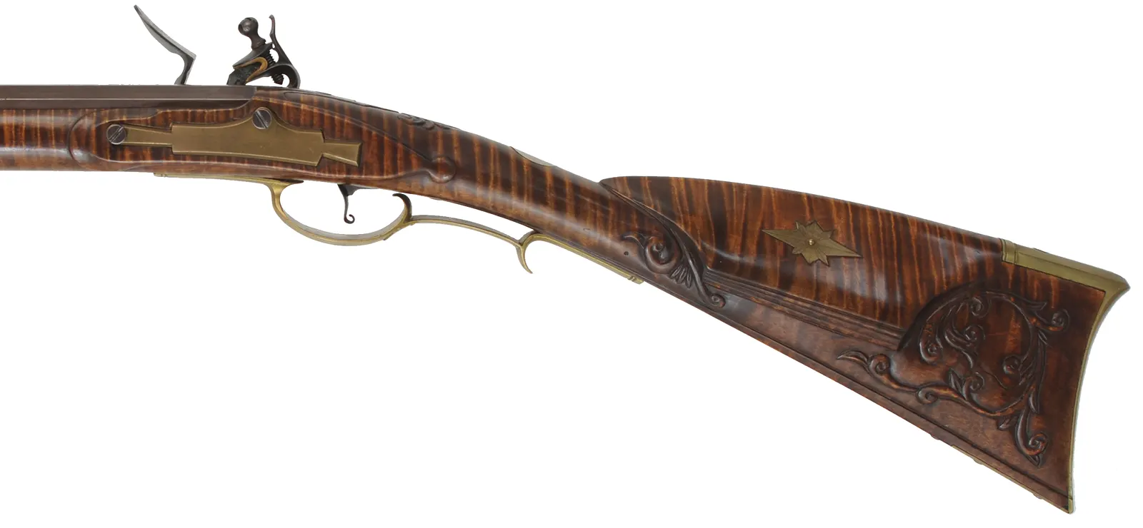 Berks County, Pennsylvania Longrifle,
.45 caliber, 42" straight octagon barrel,
large Siler flintlock, curly maple, brass,
used, signed R. Grieder Berks County, Pennsylvania Longrifle,
.45 caliber, 42" straight octagon barrel,
large Siler flintlock, curly maple, brass,
used, signed R. Grieder