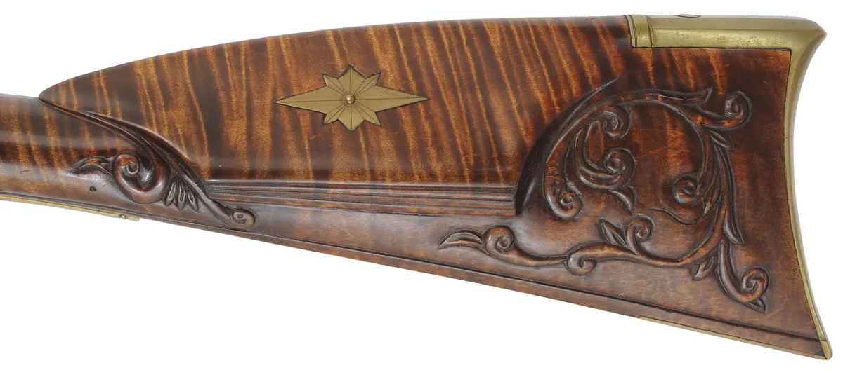 Berks County, Pennsylvania Longrifle,
.45 caliber, 42" straight octagon barrel,
large Siler flintlock, curly maple, brass,
used, signed R. Grieder Berks County, Pennsylvania Longrifle,
.45 caliber, 42" straight octagon barrel,
large Siler flintlock, curly maple, brass,
used, signed R. Grieder