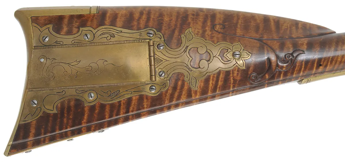 Berks County, Pennsylvania Longrifle,
.45 caliber, 42" straight octagon barrel,
large Siler flintlock, curly maple, brass,
used, signed R. Grieder Berks County, Pennsylvania Longrifle,
.45 caliber, 42" straight octagon barrel,
large Siler flintlock, curly maple, brass,
used, signed R. Grieder