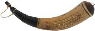 Powder Horn,
14", 1757 date, 
scrimshaw verse, deer, sun, iron staple