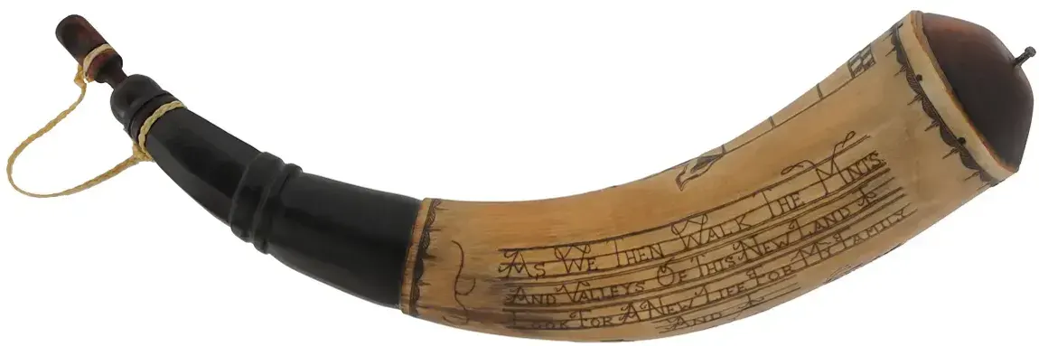 Powder Horn,
14", 1757 date, 
scrimshaw verse, deer, sun, iron staple