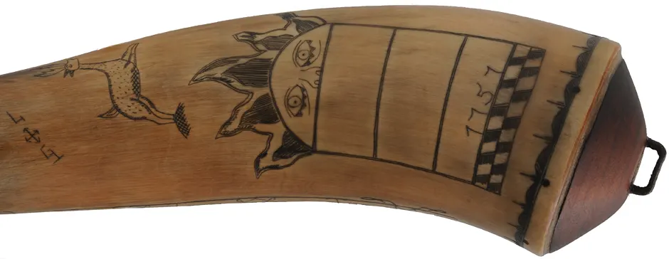 Powder Horn,
14", 1757 date, 
scrimshaw verse, deer, sun, iron staple
