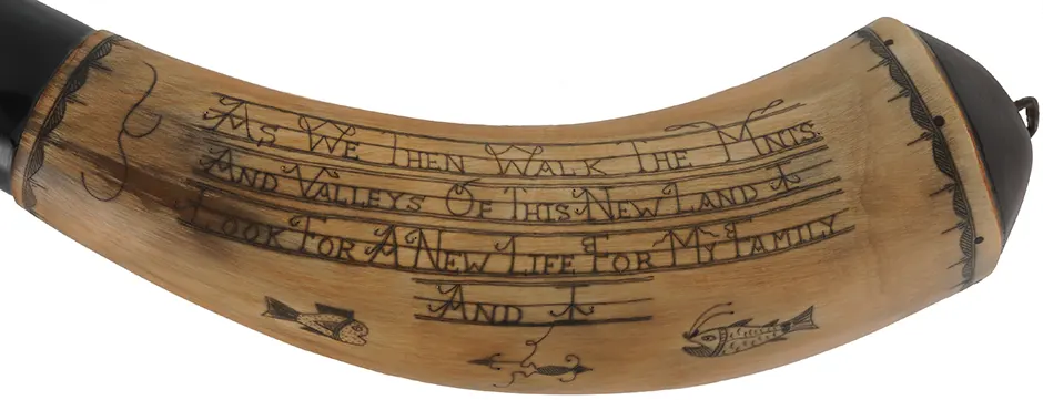 Powder Horn,
14", 1757 date, 
scrimshaw verse, deer, sun, iron staple