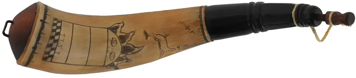 Powder Horn,
14", 1757 date, 
scrimshaw verse, deer, sun, iron staple