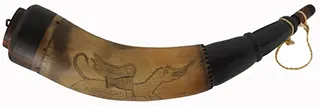 Powder Horn,
12-1/2", scrimshaw verse,
hell horse, iron staple