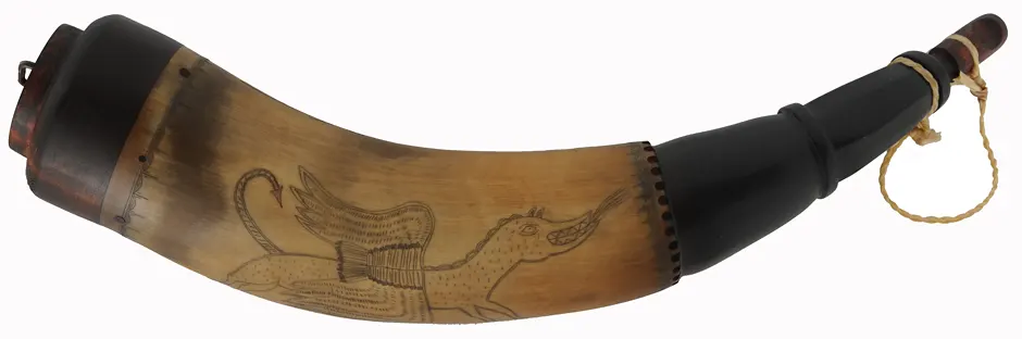 Powder Horn,
12-1/2", scrimshaw verse,
hell horse, iron staple