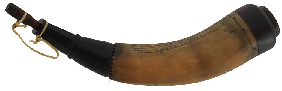 Powder Horn,
12-1/2", scrimshaw verse,
hell horse, iron staple