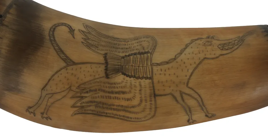 Powder Horn,
12-1/2", scrimshaw verse,
hell horse, iron staple