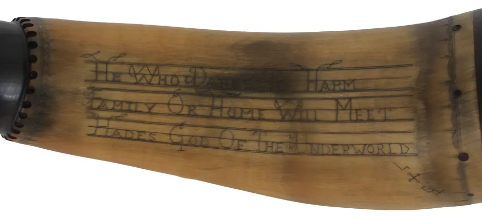 Powder Horn,
12-1/2", scrimshaw verse,
hell horse, iron staple