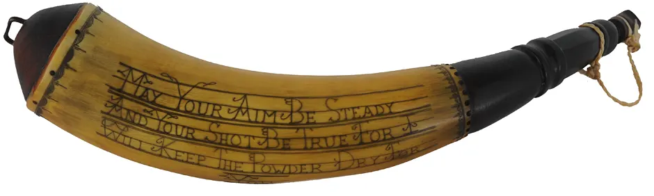 Powder Horn,
13", scrimshaw verse, 
hunter & deer, iron staple